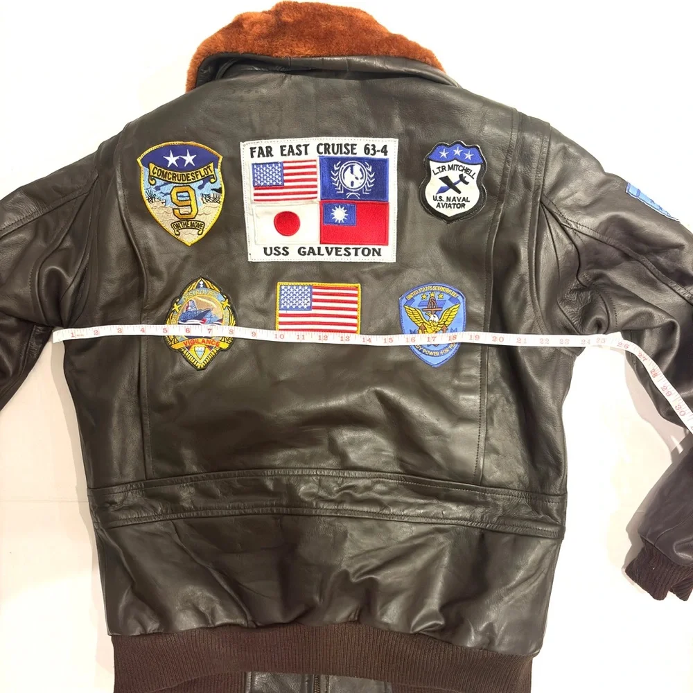 Men's Cockpit Aviator Leather Bomber Jacket with Patches L Large - Picture 7 of 16